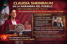 Claudia Sheinbaum en la Mañanera del Pueblo - Lunes 12 de enero de 2026  (9:04 a.m. CST) La conferencia comenzó con 30 minutos de retraso (9:00 a.m.  en lugar de 7:30 a.m.)